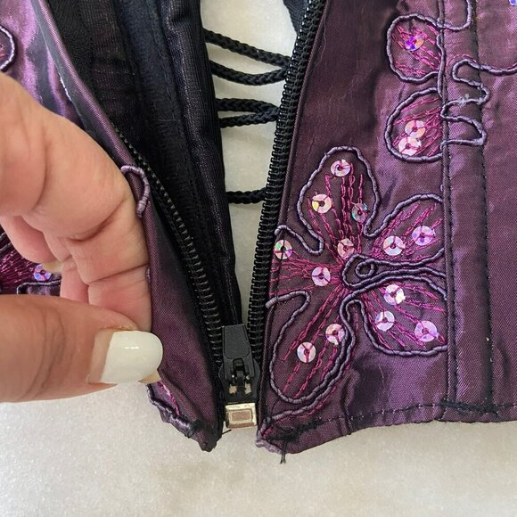 Purple Satin Floral Embroidered Corset With Sequins & Lace-Up Back Design Medium - Picture 9 of 14